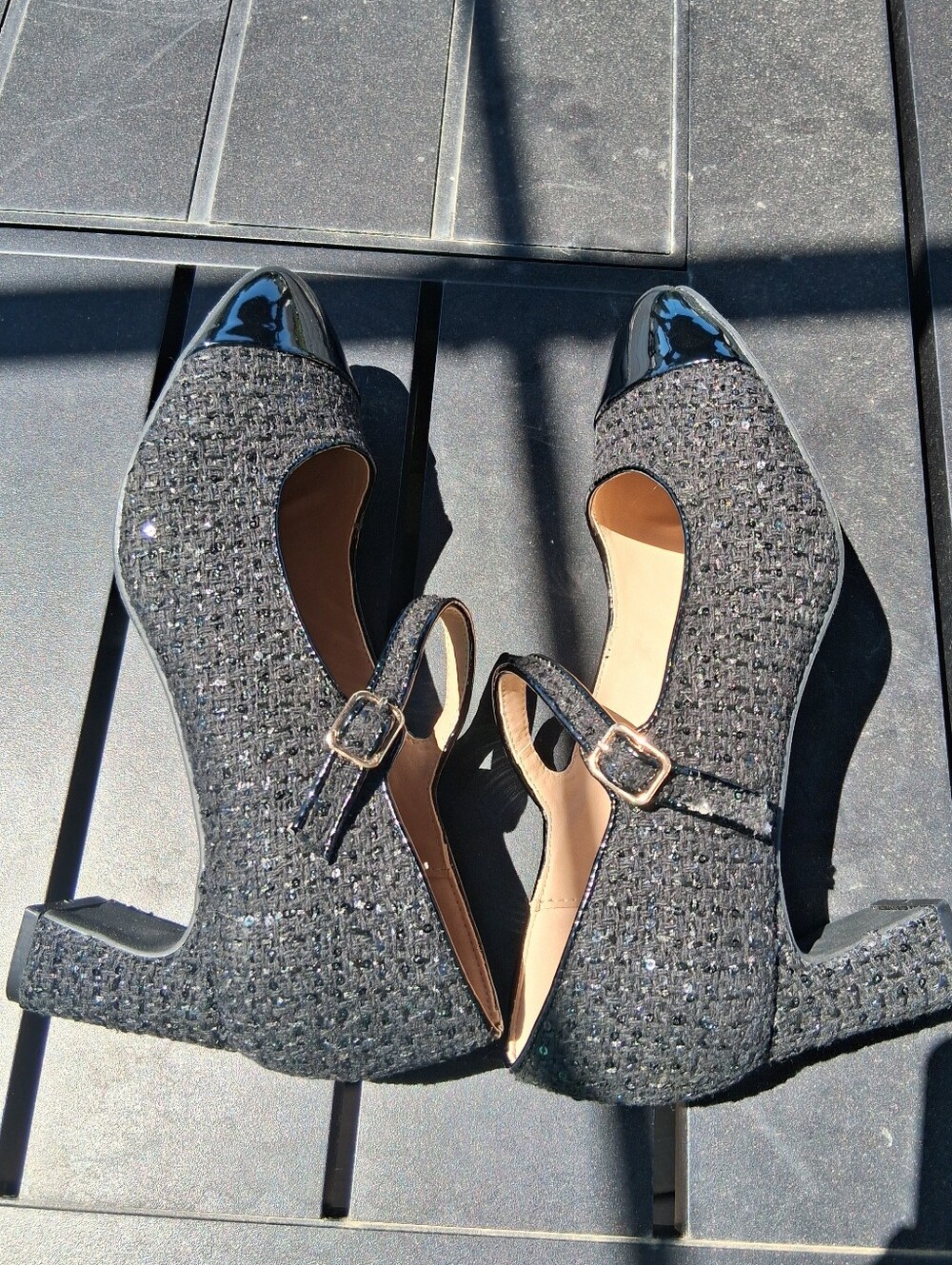 Black Mary Jane Heels with Patent Cap Toe - Picture 7 of 10
